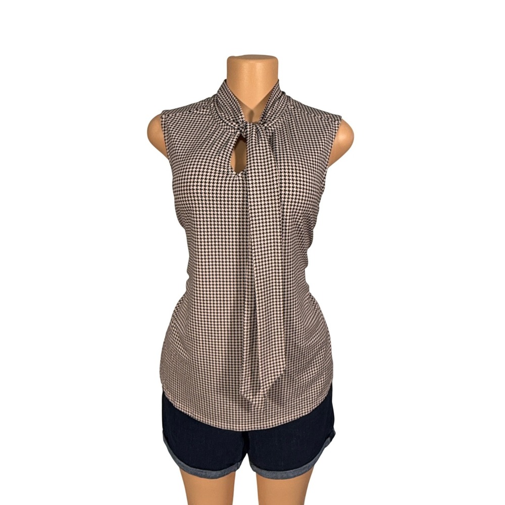 Adrianna Papell Sleeveless Top Women XL Black White Houndstooth Tie Neck EXCL